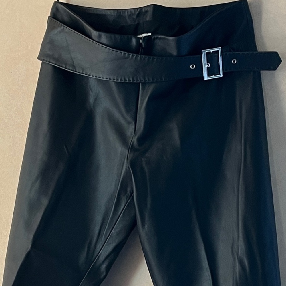 Cache Black Genuine Leather Boot Cut Pants with Self Belt, Size 8